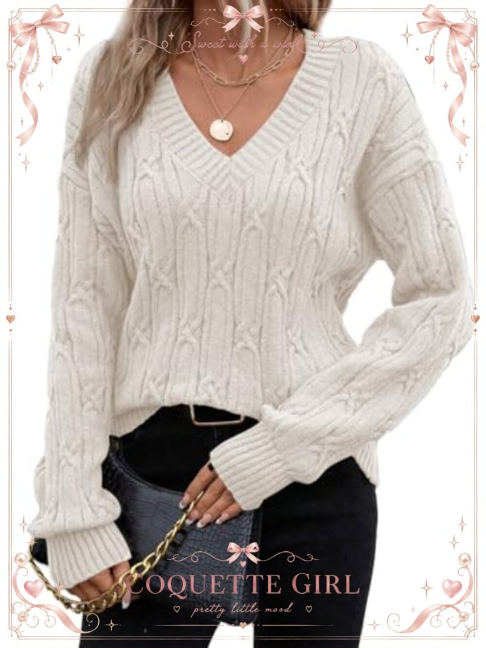 Womens V Neck Crochet Cable Knit Sweater 100% Polyester Pullover Fall
